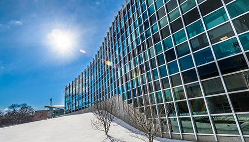 Administration Building exterior in winter with snow